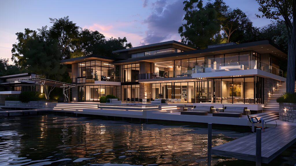 Contemporary waterfront home at dusk — permitted residential construction in California