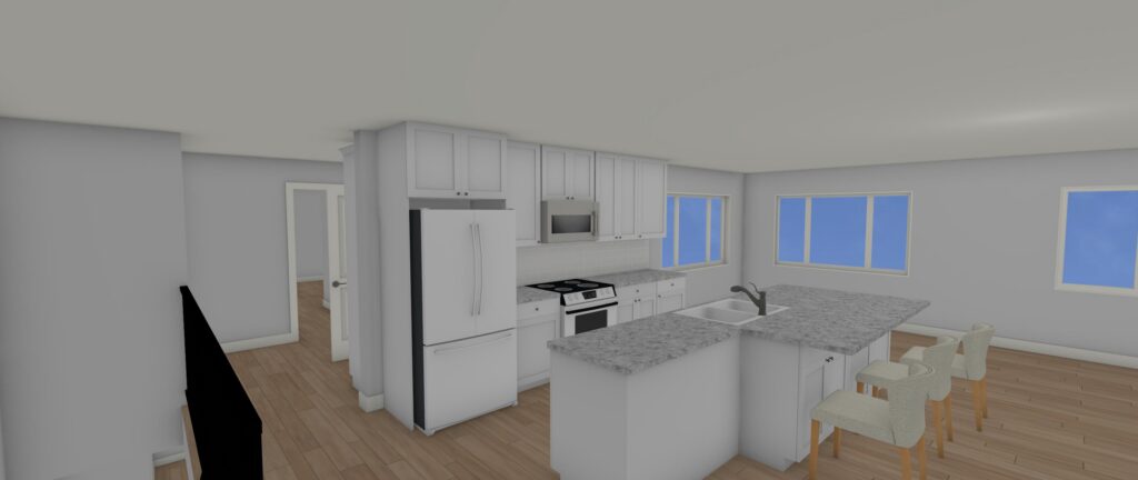 Interior rendering of an open-plan kitchen produced by RDD Solutions, Monterey County CA